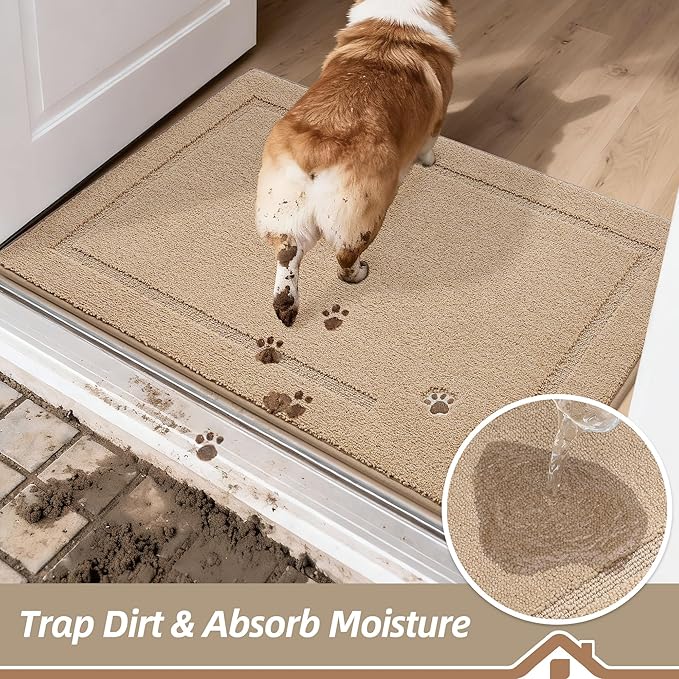 BEQHAUSE Dog Door Mat for Mud Paws Dirt Trapper Doormat Non-Slip Entryway Rugs Absorbent Welcome Mat Washable Indoor Floor Mat Low-Profile for Front Door, 32" x 48", Beige