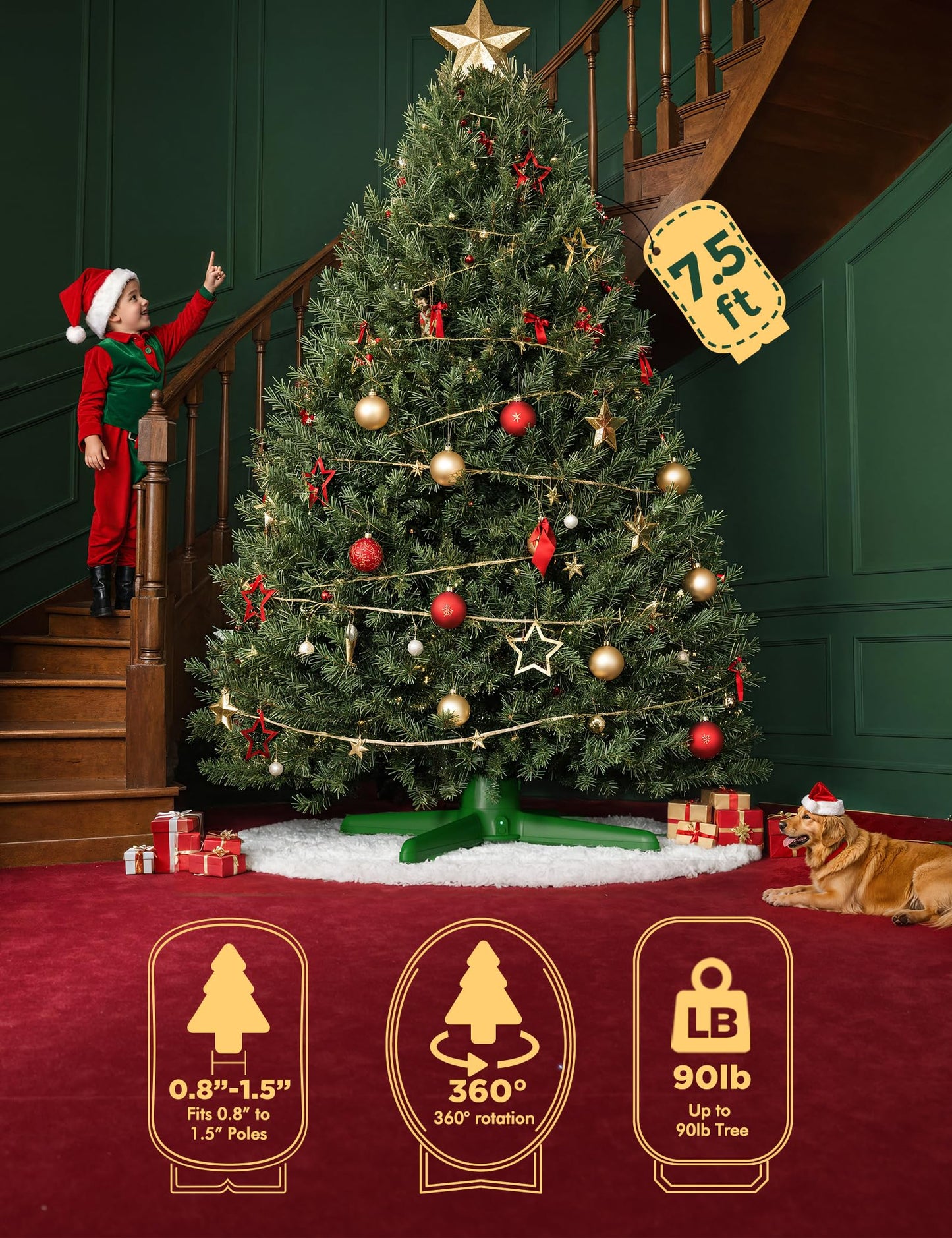 2025 Upgrade Rotating Christmas Tree Stand, UL Certified Adjustable Tree Stands with Remote Control for Up to 7.5ft 90lb Artificial Tree, Durable 3 Light Outputs with Up to 625 Watts of Power