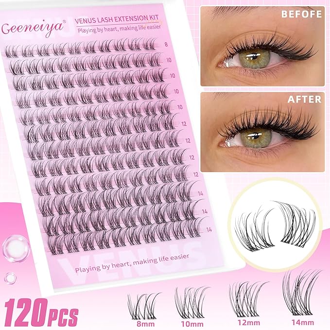 Geeneiya Venus Lashes Clusters Kit DIY Lash Extension, 8-14MM Invisible Lash Clusters, Soft Band Cluster Eyelash Extensions Kit with Waterproof Lash Bond and Seal, Lash Remover, Tweezers for Beginners