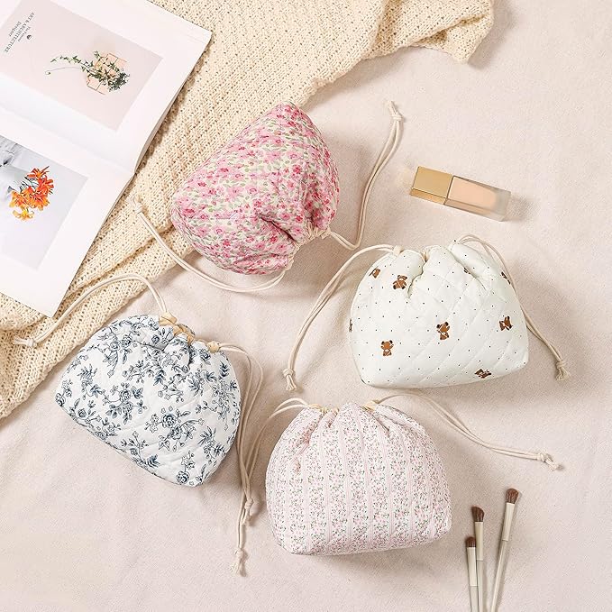 Cotton Quilted Drawstring Makeup Bag with Canvas Lining,Coquette Aesthetic Cute Travel Toiletry Bag,Drawstring Gift Bag for Women and Girls（17Small Pink）