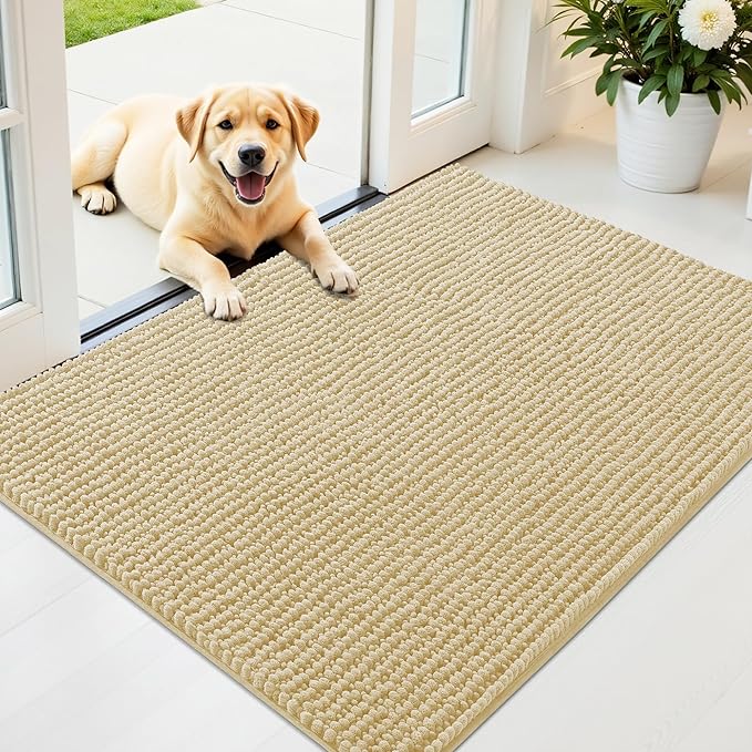 OLANLY Dog Door Mat for Muddy Paws 40x32, Ultra Absorbent Chenille Mud Doormat, Non-Slip Washable and Dirt Trapping Doormat for Indoor Entryway, Quick-Dry Indoor Pet Bed Mats for Dogs, Sand