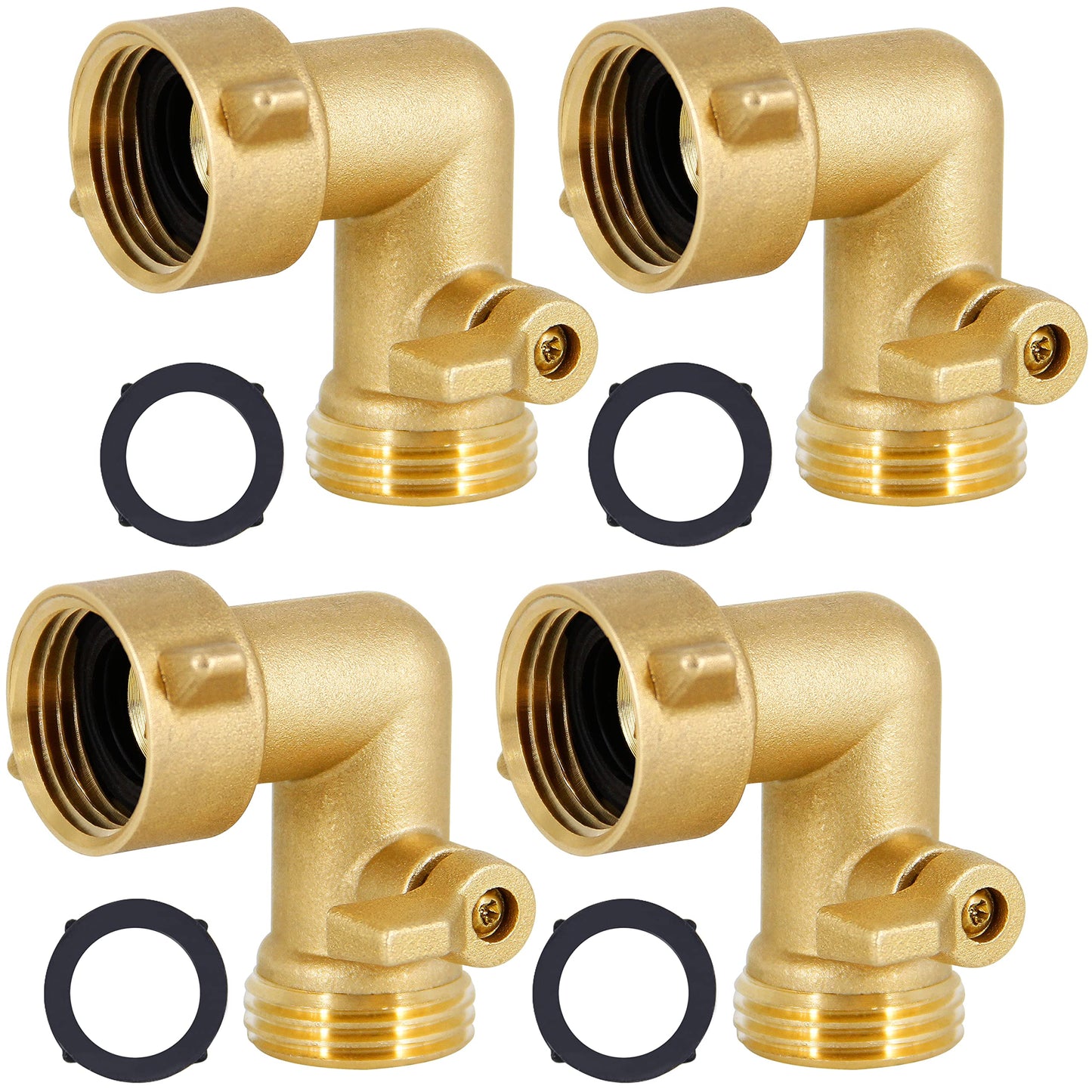 Lifynste Garden Hose Elbow Connector, 90 Degree Brass Garden Hose Elbow Adapter with Shut Off Valves, 4 Pack
