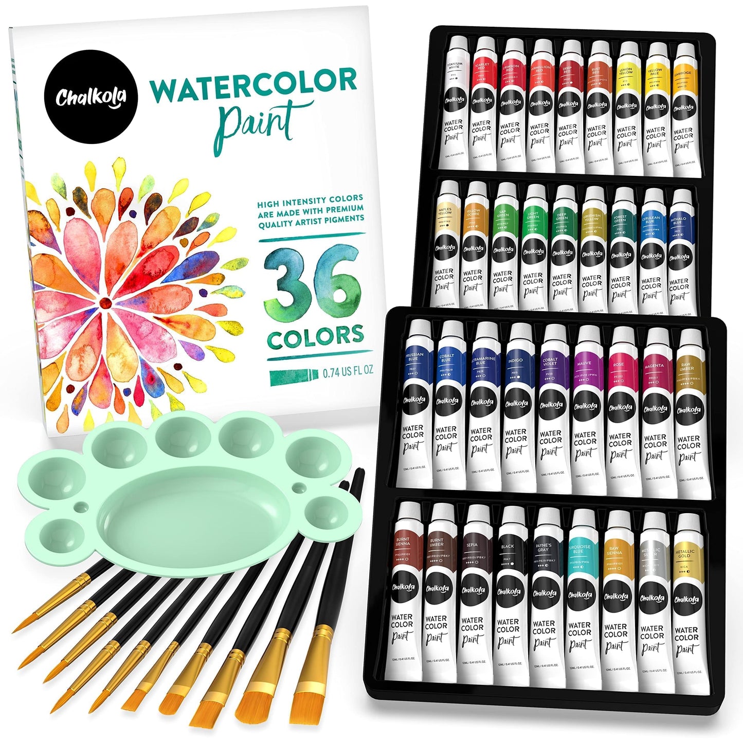 Chalkola Watercolor Paint Set for Adults & Professional Artists - 36 Watercolor Tubes Set (12ml, 0.4oz), 10 Painting Brushes & 1 Palette | Vibrant Water Color Art Painting Supplies