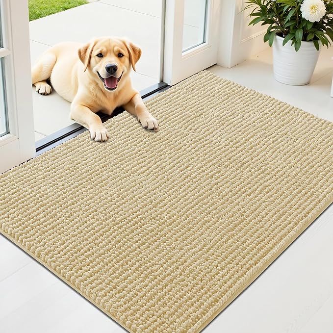 OLANLY Dog Door Mat for Muddy Paws 44x32, Ultra Absorbent Chenille Mud Doormat, Non-Slip Washable and Dirt Trapping Doormat for Indoor Entryway, Quick-Dry Indoor Pet Bed Mats for Dogs, Sand
