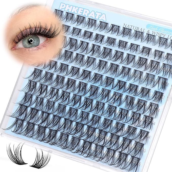 PHKERATA Natural Lash Clusters Wispy Eyelash Clusters, Eyelash Extensions C Curl Individual Lashes, Mix Length Natural Look Lashes with Thin Lash Band, 10-16mm, 110 pcs