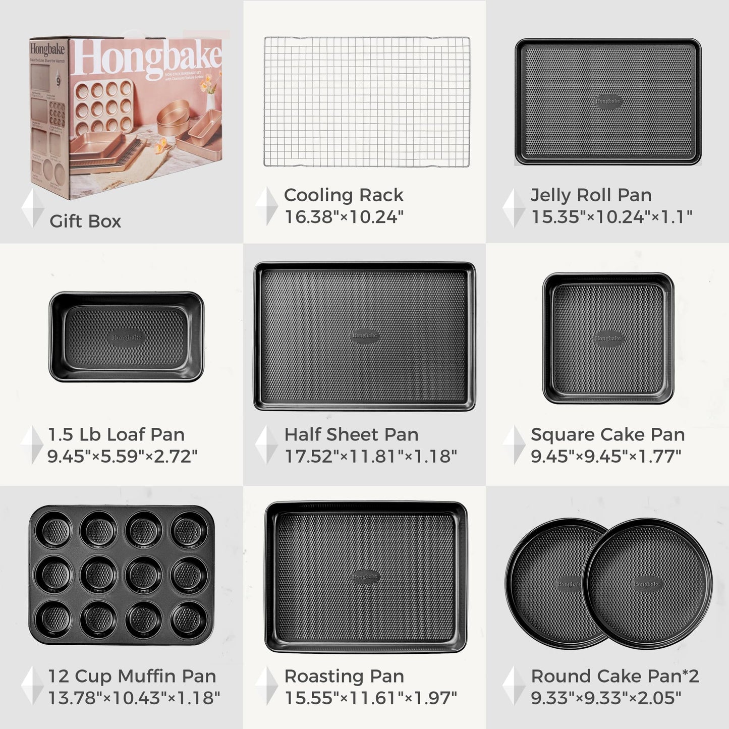 HONGBAKE 9-Piece Baking Pans Set Nonstick, Stackable Non Toxic Bakeware Sets with Diamond Texture, Oven Pan Set for Cooking, Includes Cookie Sheet with Rack, Cake Pan, Roasting Pan, Muffin Tin, Gray