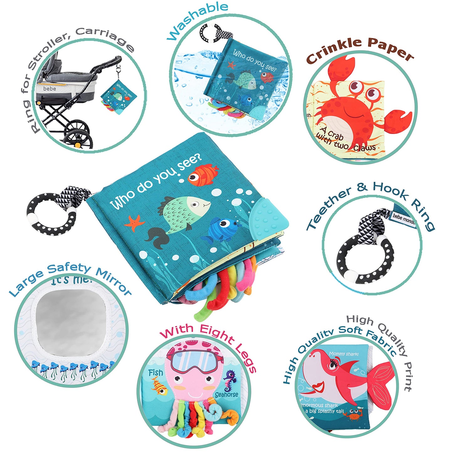 Fish Baby Books Toys, Touch Feel Cloth Crinkle Books for Babies,Baby Infant Toys 0-6, 6-12,12-18 Months,Newborn,Early Learning Education, Baby Gifts Shower for Boys Girls,Teething, Mirror,Shark Ocean
