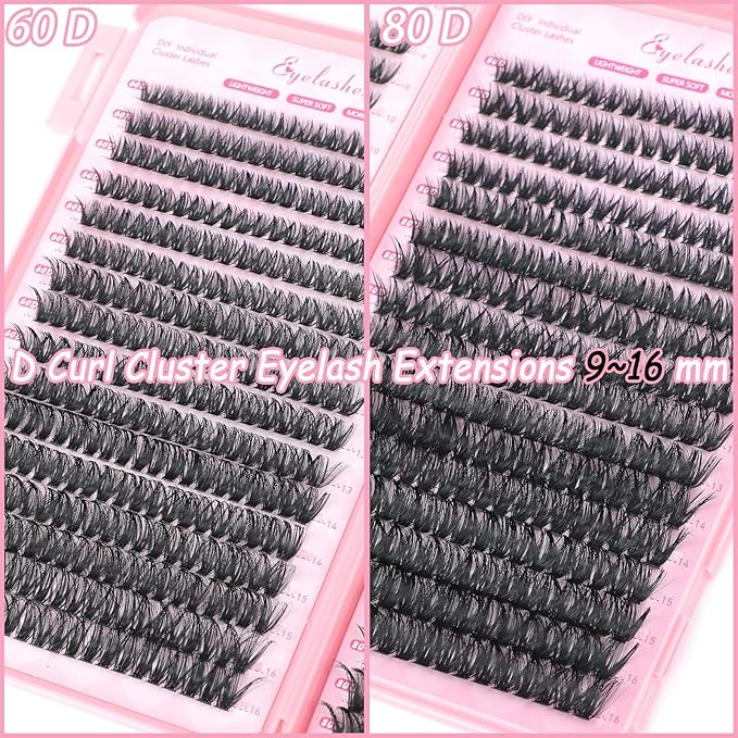 Lash Clusters Kit, 640 Pcs Eyelashes Clusters Extensions Kit 9-16mm Individual Lashes D Curl Fluffy Wispy False Eyelashes Thin Band, with Bond Seal Remover Tweezers Brush DIY (60D+80D Kit 9-16mm)