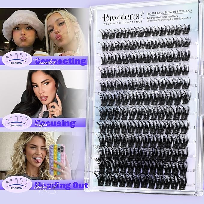 Pawotence Lash Clusters Kit Misha 10-18mm Cluster Lashes Extension Kit 144pcs Eyelash Clusters Wet Look Wispy Lashes Cluster Eyelash Extensions with Waterproof Lash Bond and Seal, Remover, Applicator