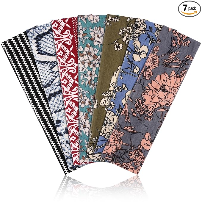 DiyJibb Headbands for Women, Stretchy Non Slip Soft Cotton Cloth Hair Bands for Sports, Workout, Yoga and Running, 7pcs