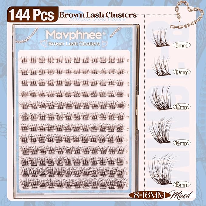 Mavphnee Brown Lash Clusters Dark Brown Eyelash Extensions Natural Cluster Lashes CC-Curly PestaÃÂ±as Postizas Wispy Individual Lash Extensions 3D Lash 8-16MM Brown Eyelash Clusters 144PCS DIY at Home