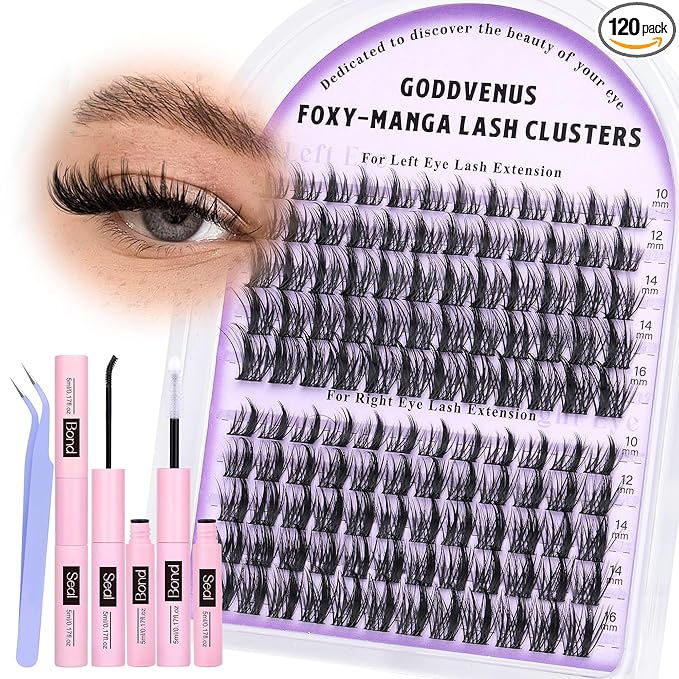 Goddvenus Manga Lash Cluster Kit Wispy Lashes Clusters Fluffy Eyelash Clusters Upturned Foxy Cluster Eyelash Extensions Kit D Curl Fairy Eyelash Extension Kit 10-16mm Individual Lashes Kit
