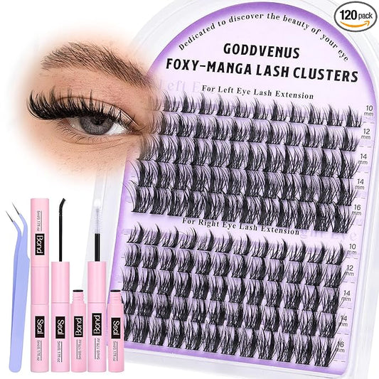 Goddvenus Manga Lash Cluster Kit Wispy Lashes Clusters Fluffy Eyelash Clusters Upturned Foxy Cluster Eyelash Extensions Kit D Curl Fairy Eyelash Extension Kit 10-16mm Individual Lashes Kit