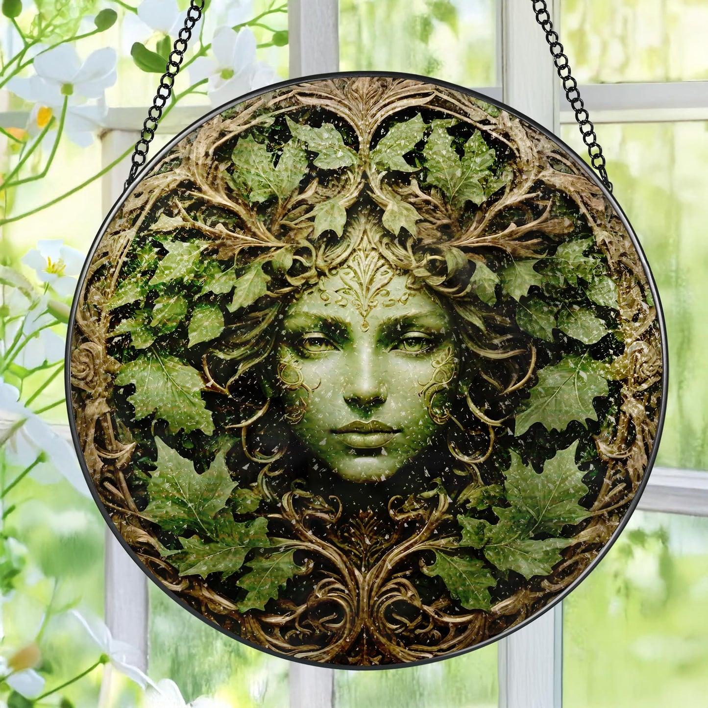 Green Man Stained Glass Suncatcher, Stained Glass Window Hanging, 8 Inch Window Decor Hanging, Gift for Garden Lovers, Mothers Day Birthday Gifts for Mom Grandma Women Sister Wife Lady Lover