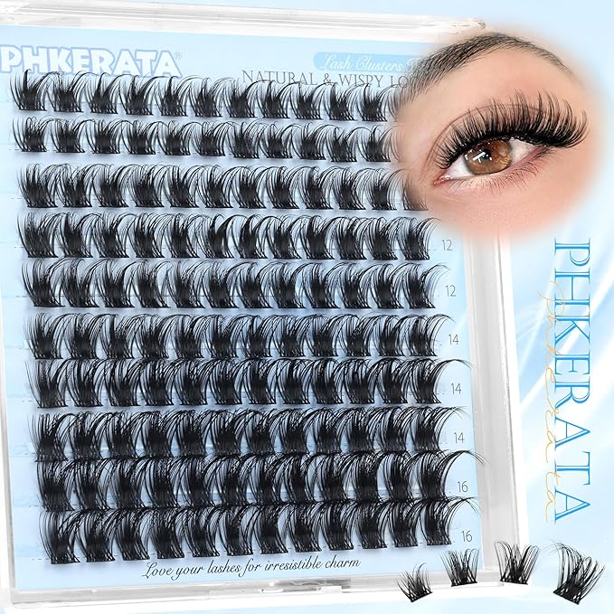 PHKERATA Wispy Eyelash Clusters Natural Lash Clusters 120 pcs Cluster Eyelash Extensions Wispy D Curvature Individual Lashes Reusable DIY Lash Extension Thin Lash Band