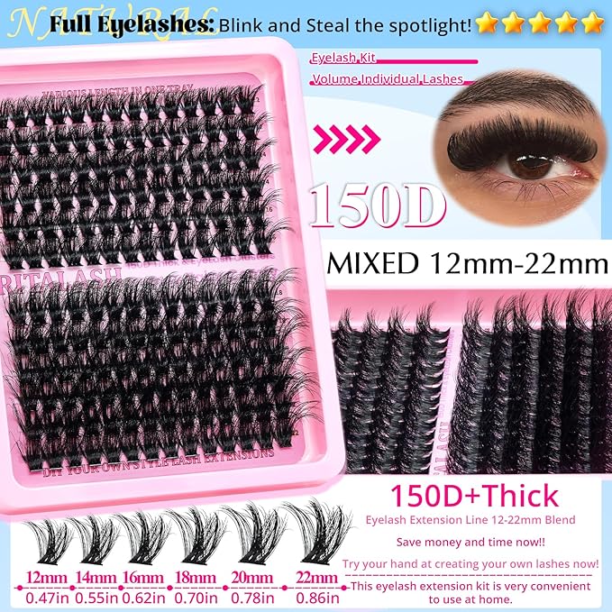 Lash Clusters Kit 3D Effect Volume Lashes Clusters Kit Wispy Cluster Eyelash Extensions D Curl Eyelash Clusters Kit PestaÃÂ±as Postizas Naturales+Bond&Seal,Remover,Tweezers,Brush(150D+200D+Spike Kit)