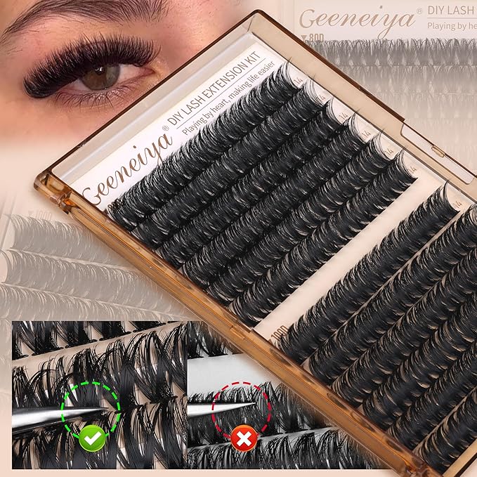 Geeneiya 14MM Volume Lash Clusters Kit DIY Lash Extension Kit D Curl Eyelash Extensions with Waterproof Lash Bond and Seal Waterproof Tweezers, Only 14MM, 80D+100D