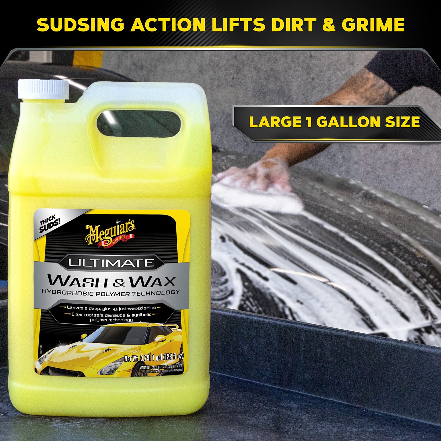 Meguiar's Ultimate Wash and Wax, Car Wash Soap and Wax Cleans & Shines in One Step, Shine & Protect with an Enhanced pH Balanced Car Paint Cleaner, 1 Gallon