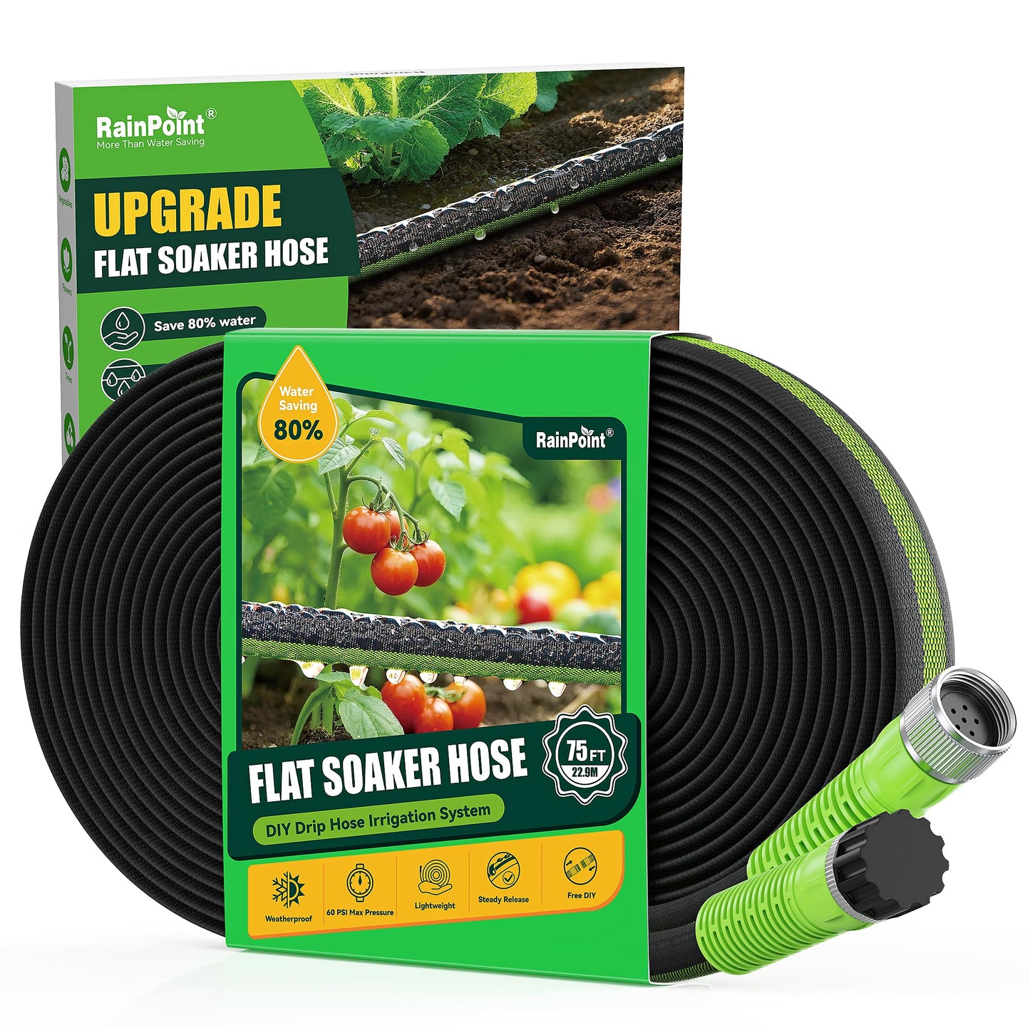 RAINPOINT Flat Soaker Hose 75FT, 80% Water-Saving Drip Hose for Garden, Leakproof and Flexible with Anodized Aluminum Ends, Double Layer Soaking Hoses for Garden, Green