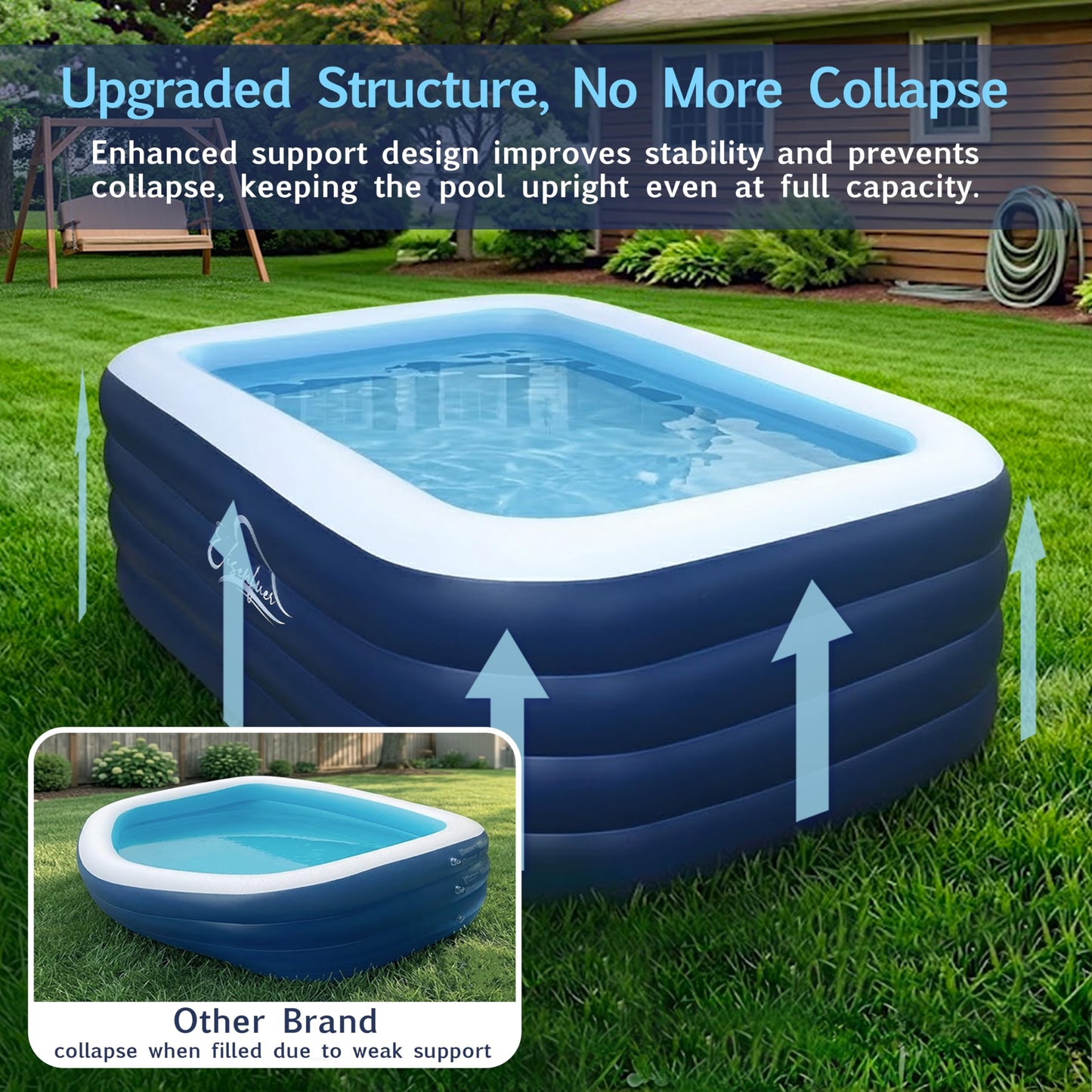 EISENFUER Inflatable Pool for Kids and Adults with No Collapse, 100" X 60" X 30" Deepened Swimming Pool for Toddlers, Outdoor, Garden, Backyard