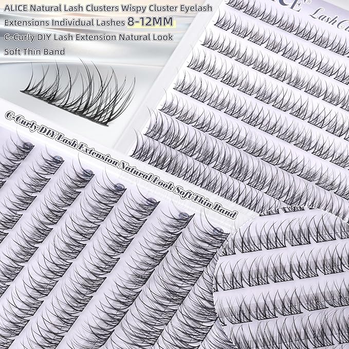 ALICE Natural Short Lash Clusters Wispy 8-12mm Cluster Eyelash Extensions Individual Lashes C-Curly DIY Lash Extensions Soft Thin Band Eyelash Clusters