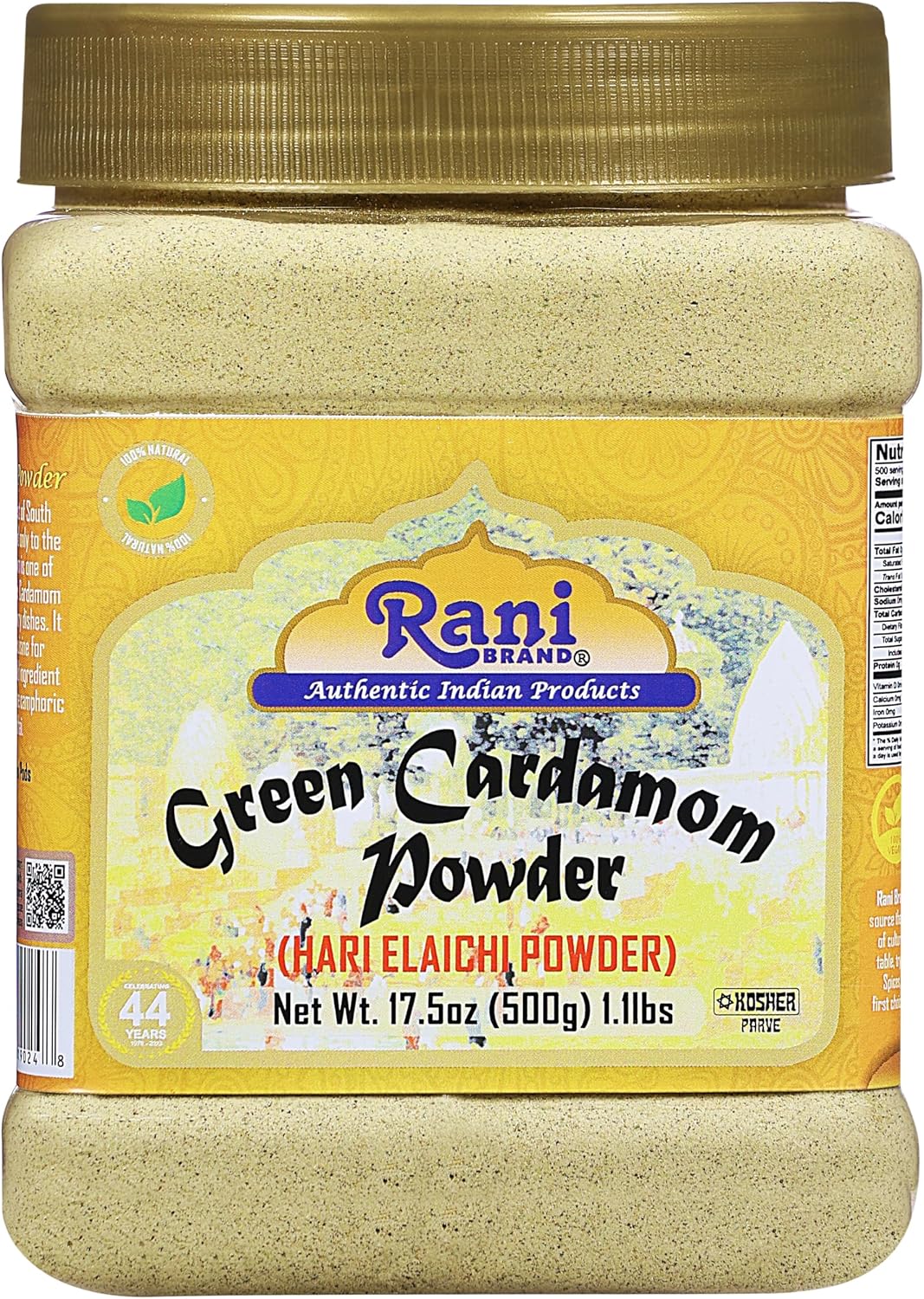 Rani Green Cardamom Pods Powder, Ground with Green Husks (Hari Elachi) 17.5oz (1.1lbs) 500g PET Jar ~ All Natural | Vegan | Gluten Friendly | NON-GMO | Kosher | Product of India
