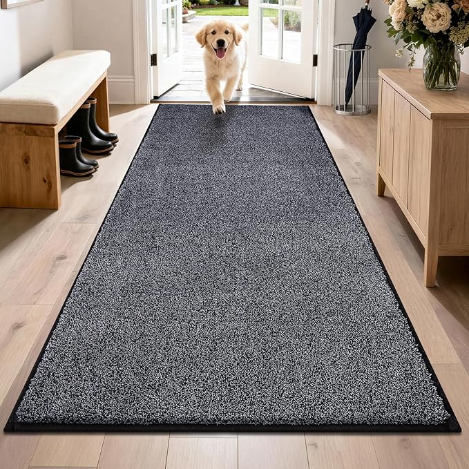 PURRUGS Dirt Trapping Door Mat 31.5" x 70", Non-Slip Machine Washable Entryway Rug, Dog Doormat, Indoor Front Door Mat, Super Absorbent Entry Rug for Muddy Shoes & Paws, Bluish Grey-Black