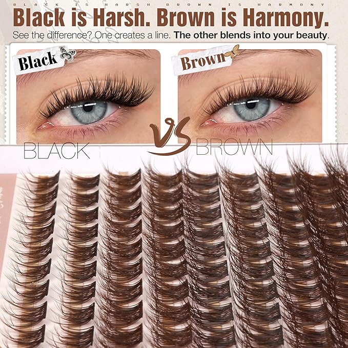 Mavphnee Brown Cluster Lashes Fluffy Eyelash Extensions Wispy Lash Clusters Natural Eyelash Clusters Dark Brown Lash Clusters Soft DIY Individual Lash Extesnions (8-16MM, CC Curve)