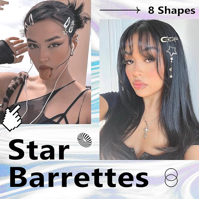 10PCS Star Hair Clips Y2K Silver Hair Clips Metal Star Barrettes 8 Shapes Pentagram Hair Snap Clips Punk Kawaii 2000s Hair Accessories for Women
