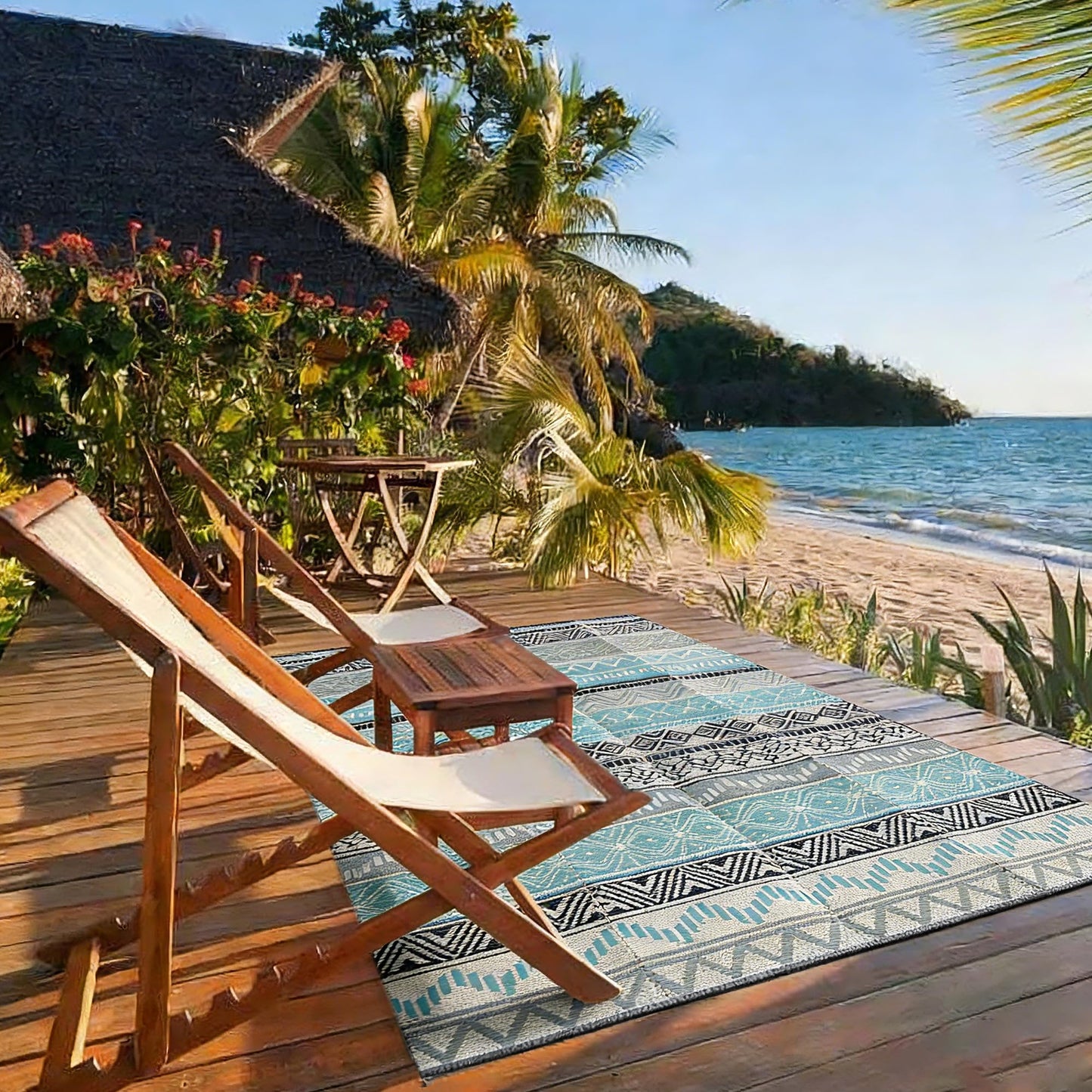 Strickland Home Outdoor Rug Waterproof 5 x 8 ft, Reversible Plastic Straw Rug for Patio, Large Outdoor Carpet for RV, Patio, Camping, Backyard, Deck, Picnic, Beach, Blue & Grey