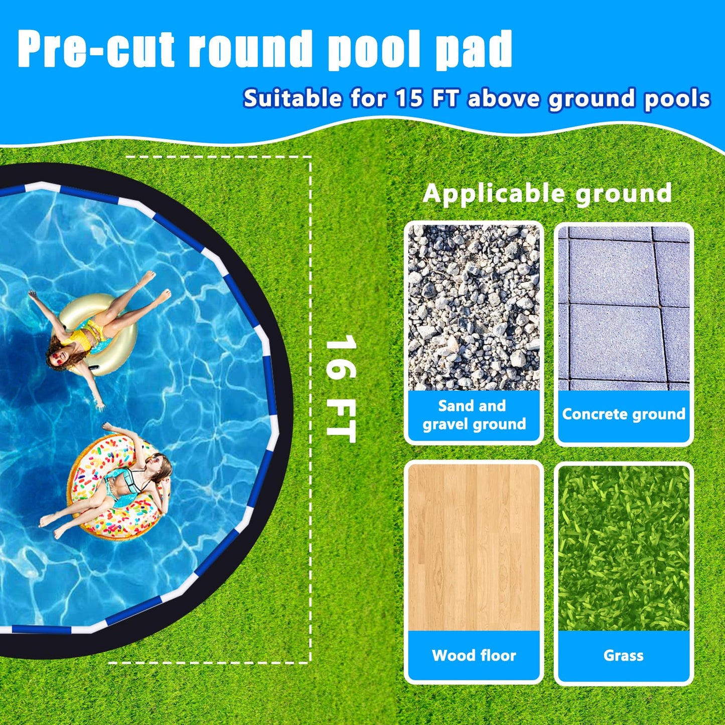 16FT Thick Round Pool Liner Pad For 15 FT Above Ground Pools 12Oz/Yd² Heavy-Duty Puncture Proof Above Ground Pool Padding Under Pool Seamless Pool Ground Mats for Pool Bottom (50% Thicker Than Others)
