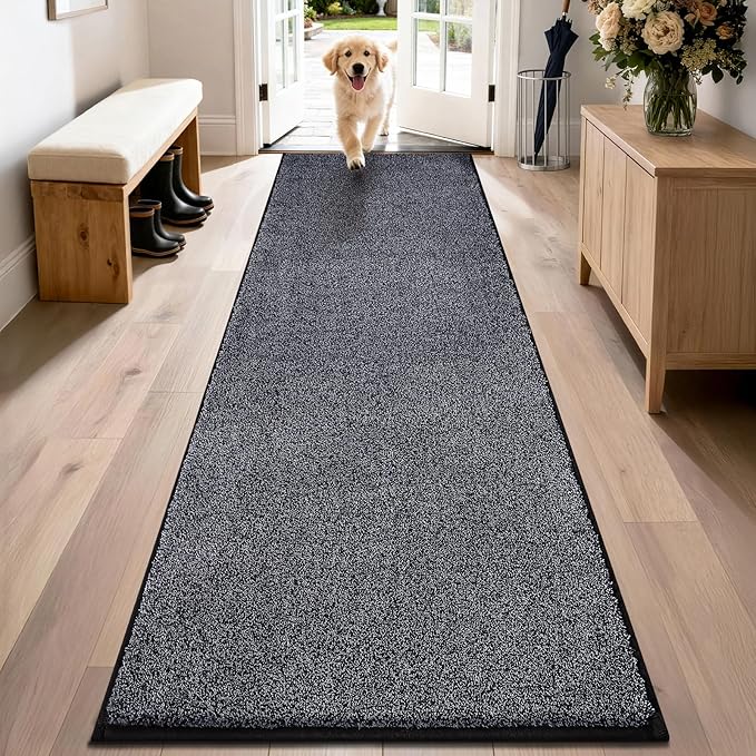 PURRUGS Dirt Trapping Door Mat 24" x 84", Non-Slip Machine Washable Entryway Rug, Dog Doormat, Indoor Front Door Mat, Super Absorbent Entry Rug for Muddy Shoes & Paws, Bluish Grey-Black