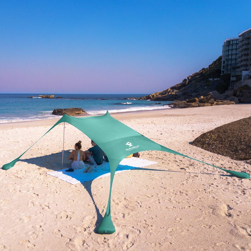 SUN NINJA Pop Up Beach Tent Sun Shelter UPF50+ with Sand Shovel, Ground Pegs and Stability Poles, Outdoor Shade for Camping Trips, Fishing, Backyard Fun or Picnics (7x7.5 FT 2 Pole, Green)
