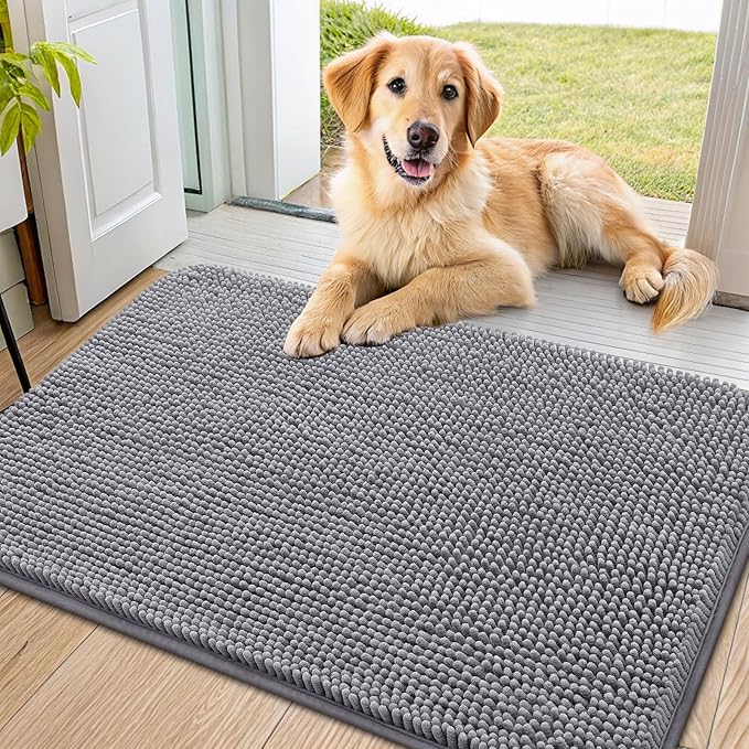 Smiry Dog Door Mat for Muddy Paws 34x21, Absorbs Moisture and Dirt Doormat, Non-Slip Washable Quick Dry Chenille Front Door Mat Indoor Entrance, Entryway Carpet for Inside Floor, Grey