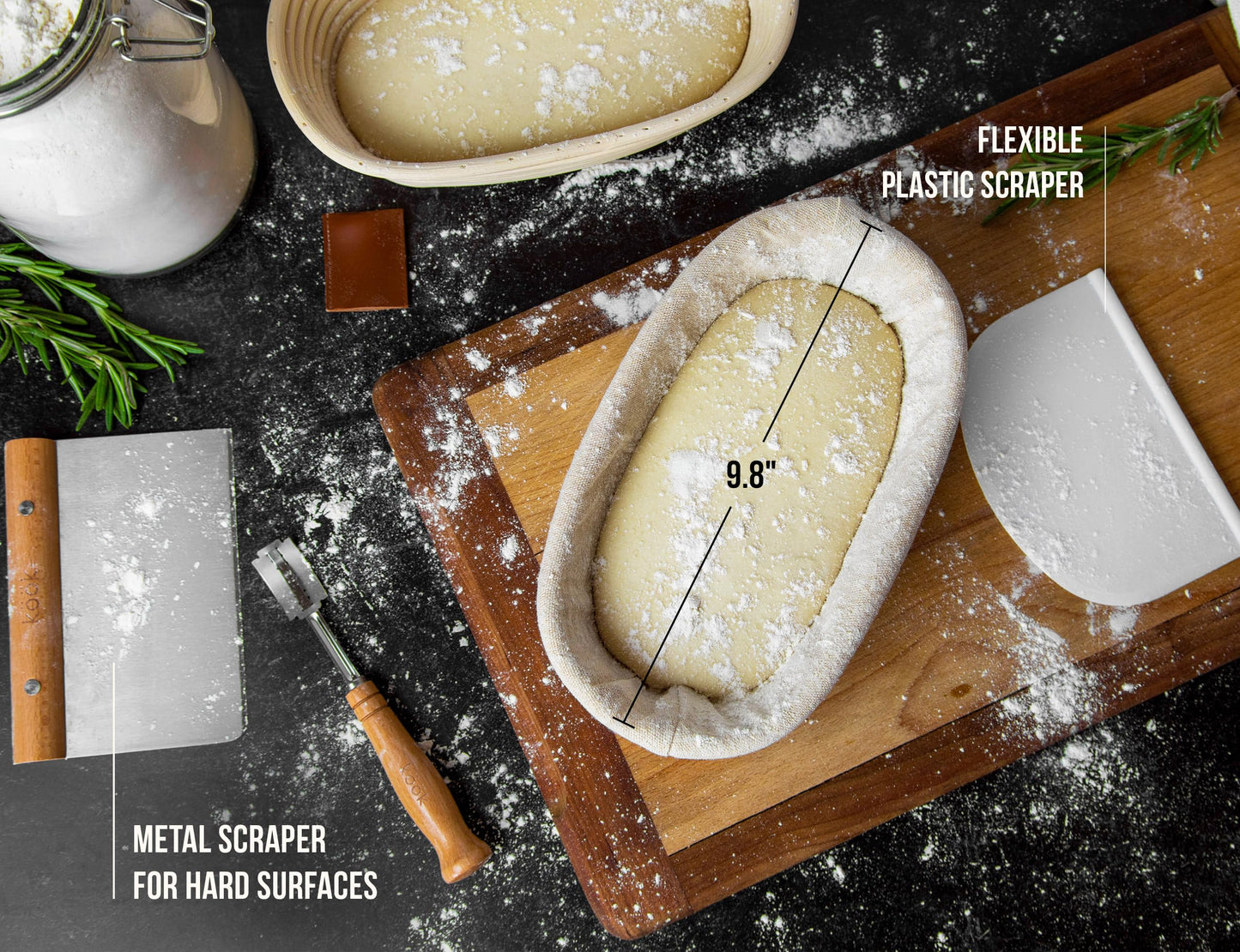 Kook Banneton Bread Proofing Set, Artisan Sourdough Bread Making Kit, 9.8 Inch Rattan Baskets and Liners, Metal & Plastic, Scrapers, Scoring Lame & Case, 4 Extra Blades, Set of 2, Oval