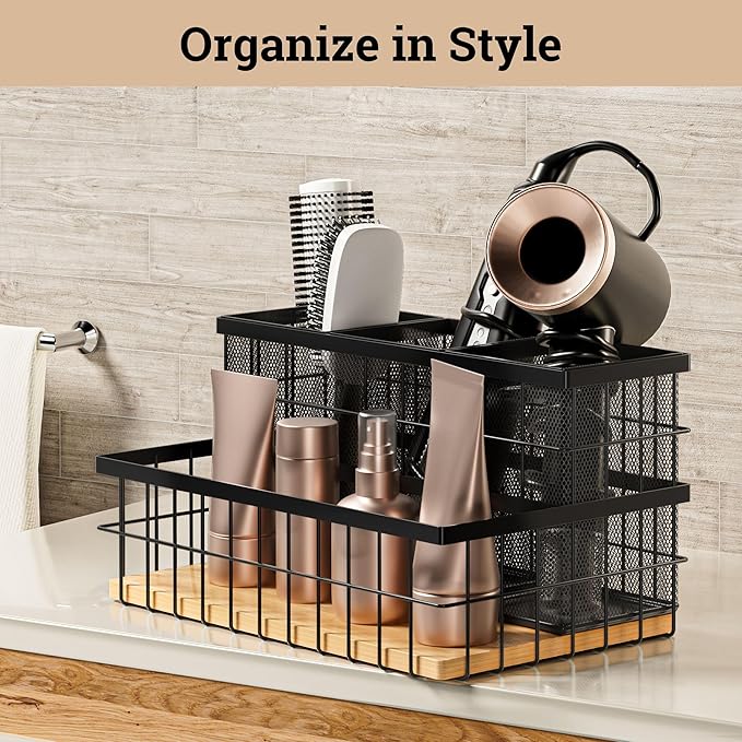 HB Design Co. Hair Tool Organizer - Countertop & Under Sink - Breathable Metal & Bamboo - Hot Hair Tools Organizer - Black