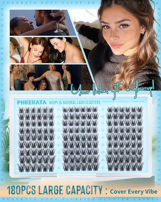 PHKERATA Natural Eyelash Clusters C Curly Lash Clusters Wispy Cluster Eyelash Extensions 180pcs Individual Lashes Extension with Soft Thin Band, 10-16mm