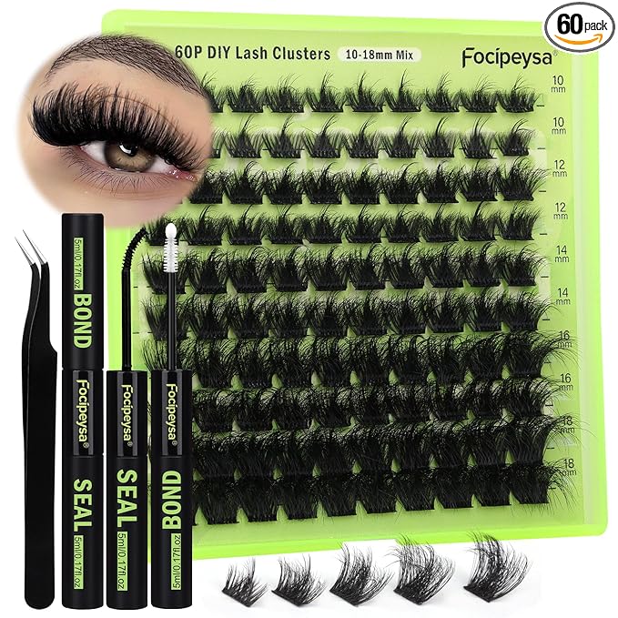 Focipeysa Lash Clusters DIY Lash Extension Kit 60P Eyelash Extension Wispy Individual Lashes Extension with Bond and Seal Glue, Lash Applicator DIY at Home for Beginner (60P 10-18MM)