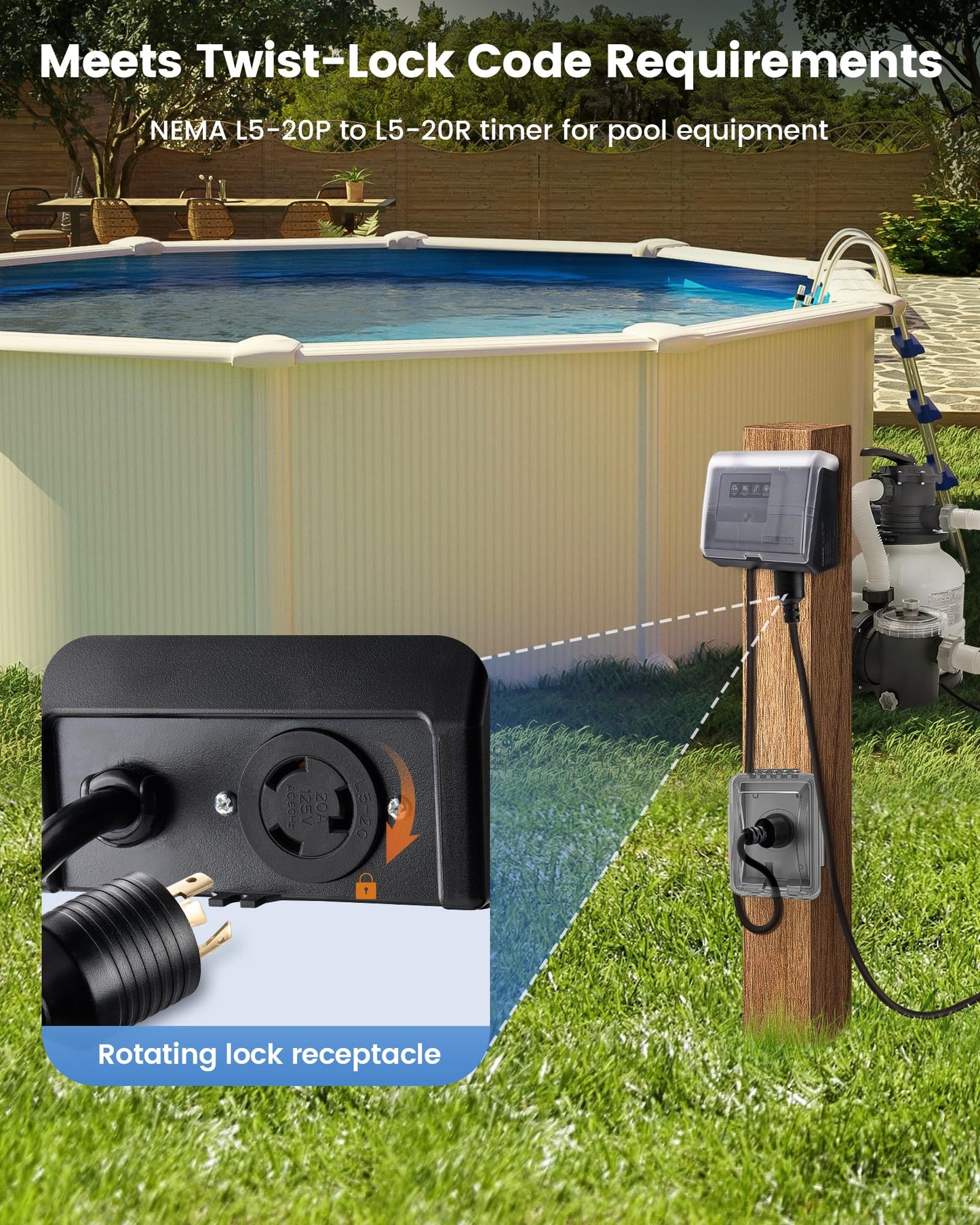 SURAIELEC WiFi Pool Timer for Above-Ground Pools, Twist-Lock NEMA L5-20R Plug-in Timer, 20A 125V 1HP, Weatherproof PC Cover, App Control, Ideal for Pool Pumps, Filters, Lights, and Saltwater Systems