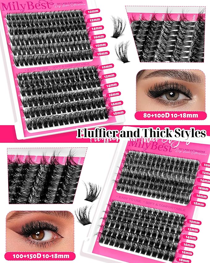 MilyBest 4 Styles Lash Clusters Kit 864Pcs Eyelash Clusters Lash Kit Volume Lashes Clusters D Curl DIY Individual False Eyelashes with 2 Bond&Seal Wispy Bulk Cluster Eyelash Extensions Kit De Pestañas