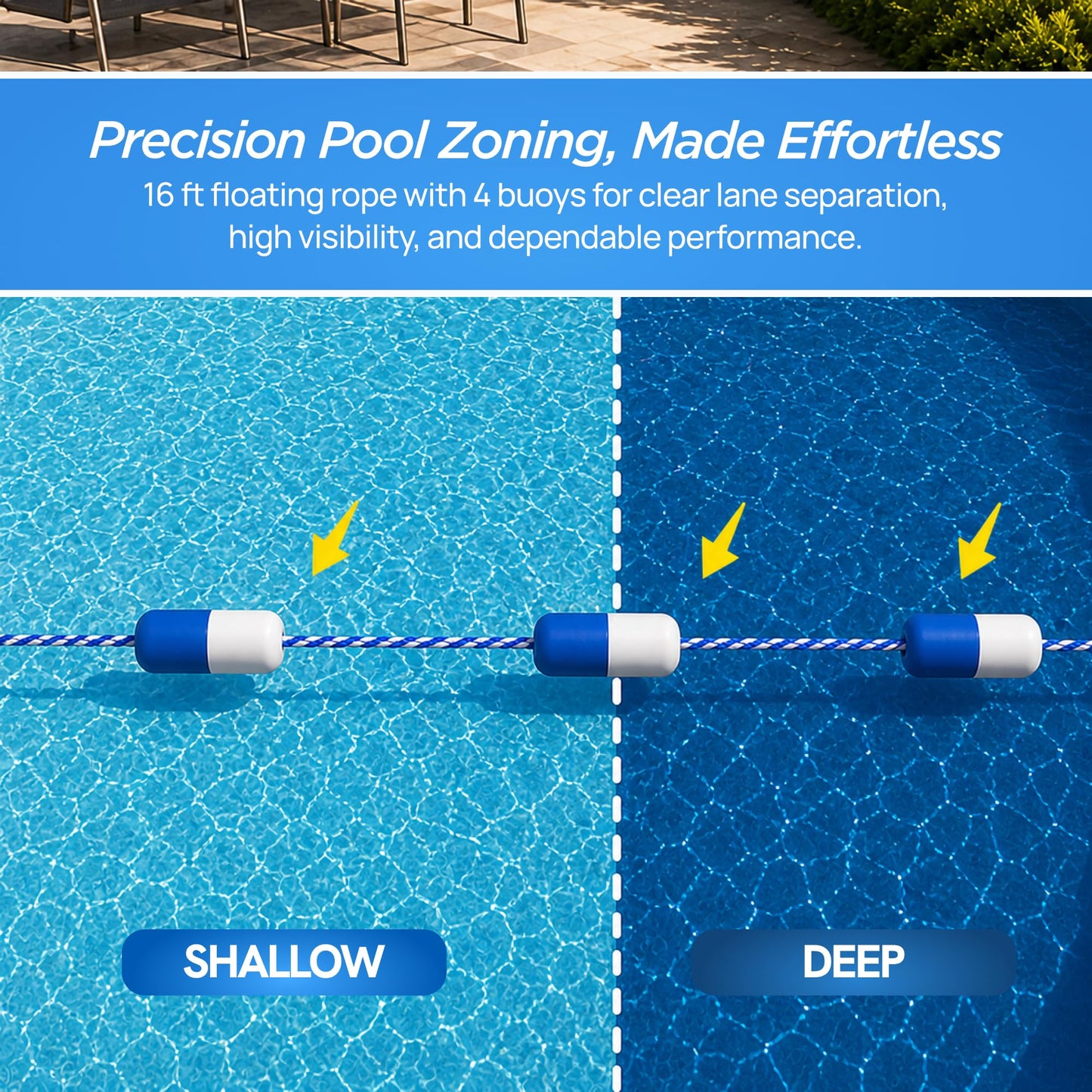 FibroPool Floating Pool Safety Rope - 16 Foot - Adjustable Length Lane Divider With Hooks for Swimming Pools - Equipment to Divide Swim Race Lanes - Buoy Line With 4 Integrated Floats