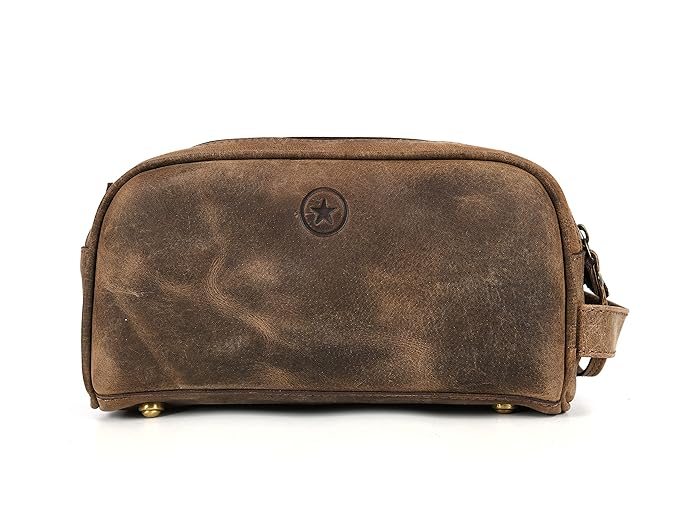 10" Premium Leather Toiletry Travel Pouch With Waterproof Lining Black Color | King-Size Handcrafted Vintage Shaving Kit By Aaron Leather Goods (Brown)