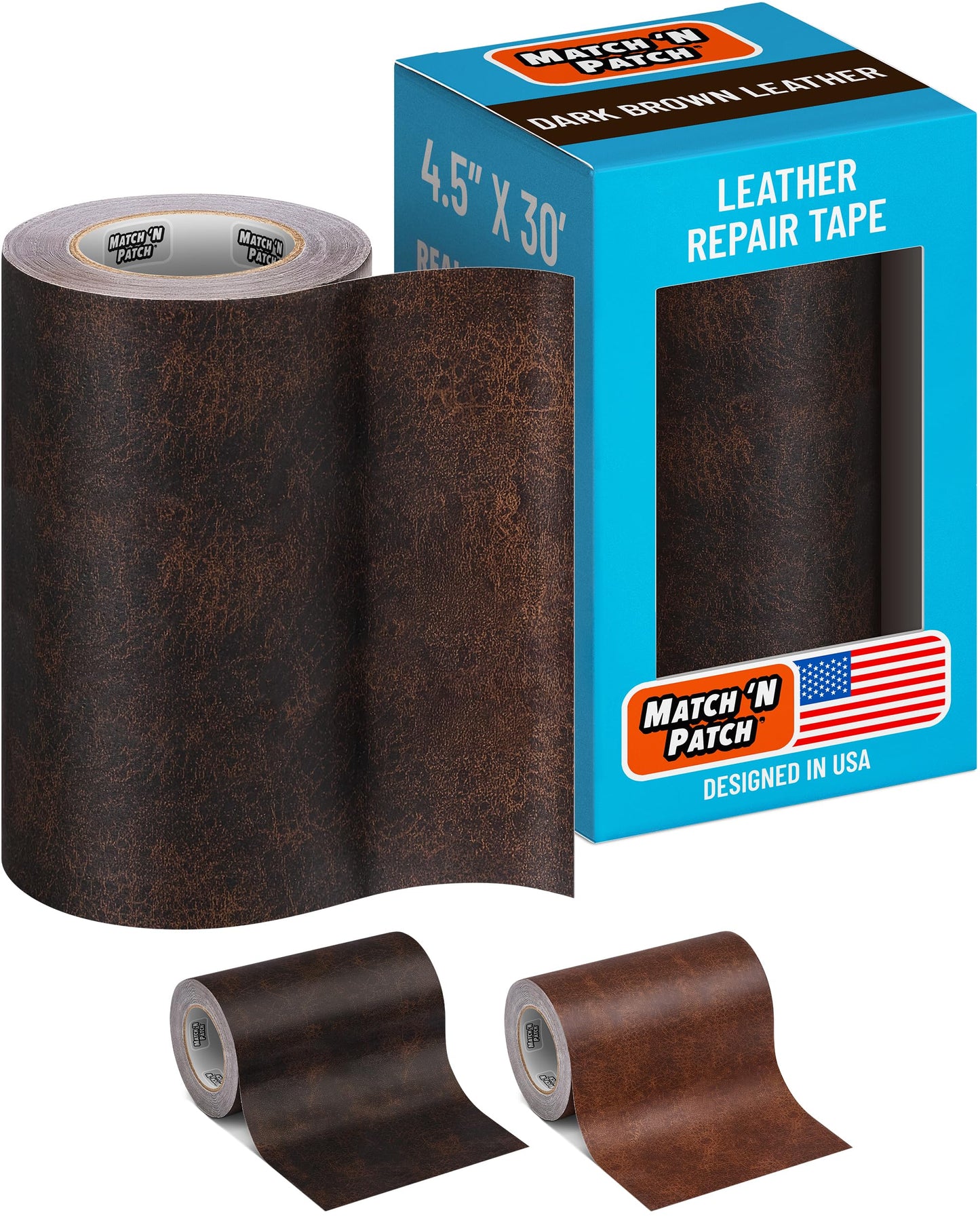 MATCH 'N PATCH Leather Repair Tape - Dark Brown (4.50 inch x 30 feet) - Realistic Leather Patches for Couch, Sofa, Upholstery, Car Seats & Other Furniture, Vinyl Repair Kit, Self Adhesive Patch