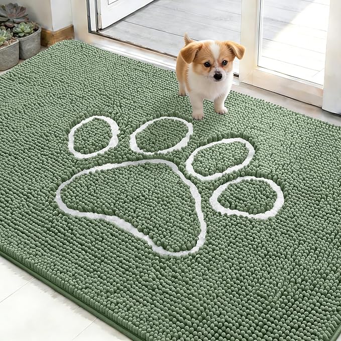 OLANLY Dog Door Mat for Muddy Paws 48x30, Paw Print Design, Absorbs Moisture and Dirt, Non-Slip Washable Doormat, Quick Dry Chenille Mud Mat, Entry Indoor Entryway Carpet, Olive Green and White