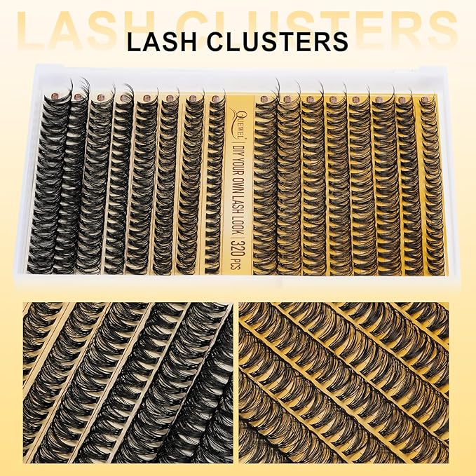 QUEWEL Lash Clusters Kit, 320 Pcs 30D+40D Lash Cluster Eyelash Extensions 9-16mm Lash Clusters Wispy Kit with Eyelash Clusters Bond and Seal Glue Remover Tweezers (30D+40D Kit)