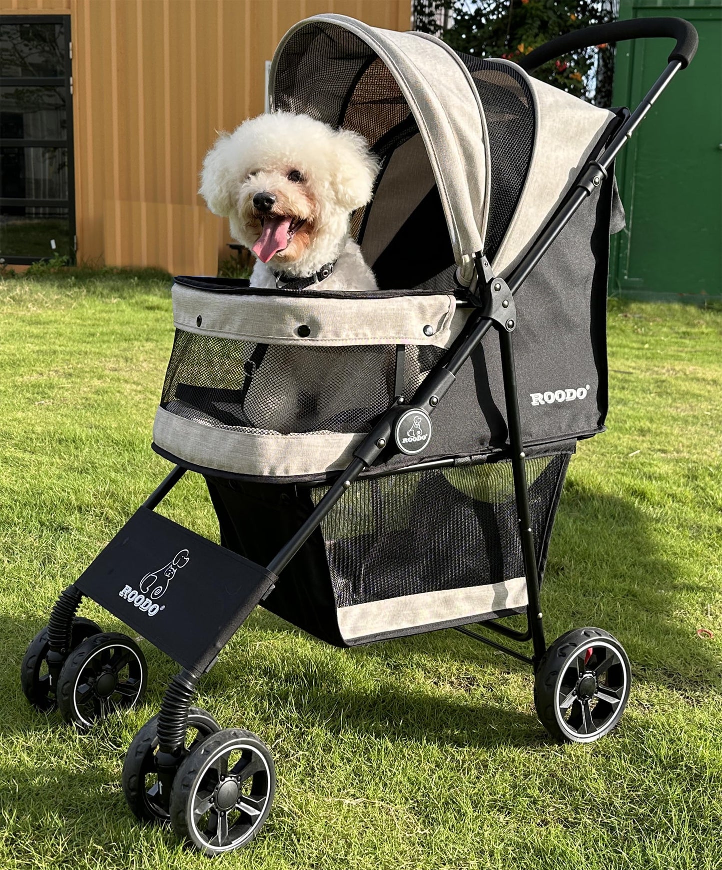 ROODO 4 Wheel Dog Cat Pet Stroller Best Lightweight Foldable Compact Portable Jogger All Terrain Travel Pet Gear Puppy Doggie Bunny Kitty Stroller for up to 30lbs Medium Small Dogs Cats(Light Khaki)