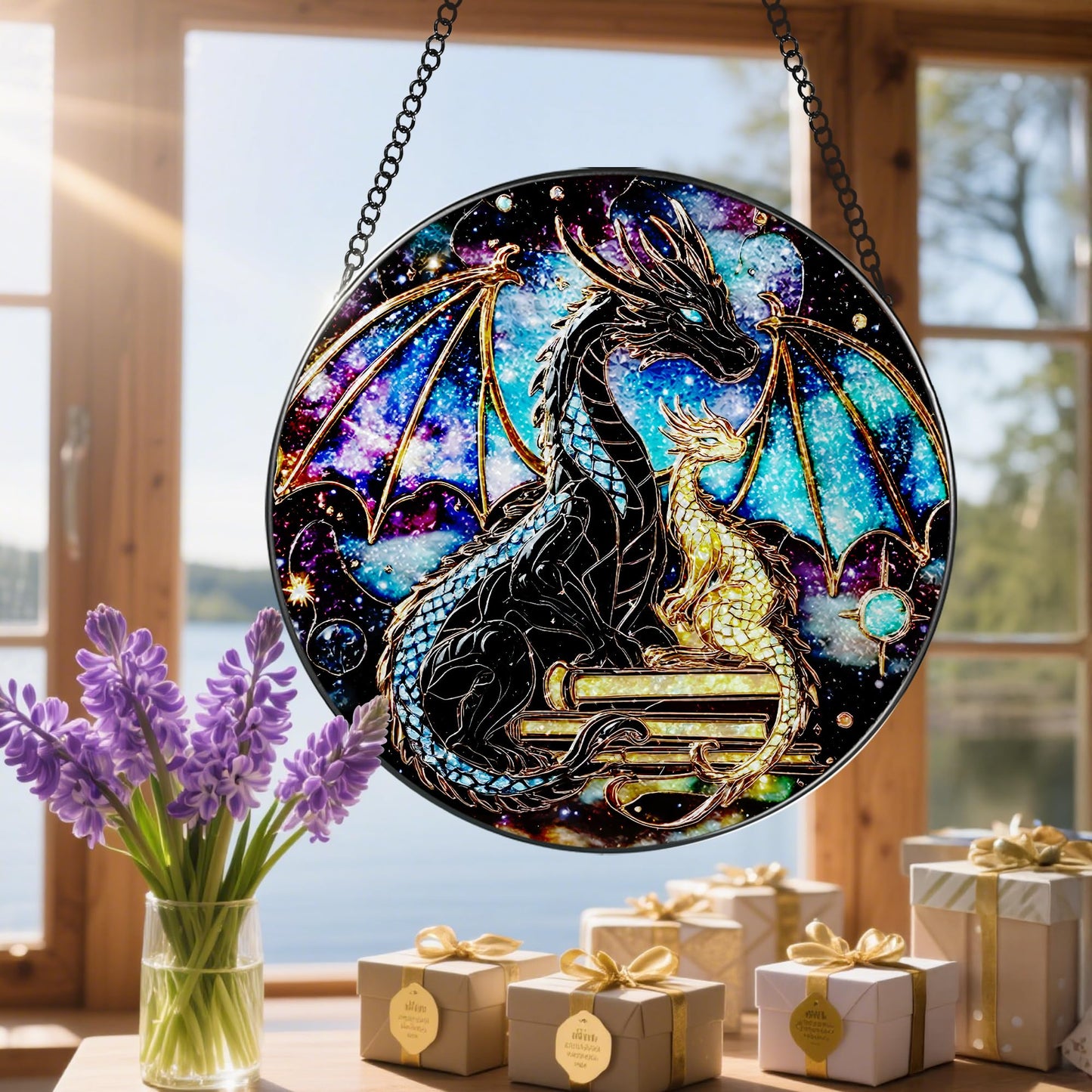 Stained Glass Window Hanging, 8 Inch Dragon Stained Glass Suncatcher, Sun Catchers Indoor Window, Suncatchers for Windows Hanging, Book Lover Christmas Ornament, Perfect for Bookworms