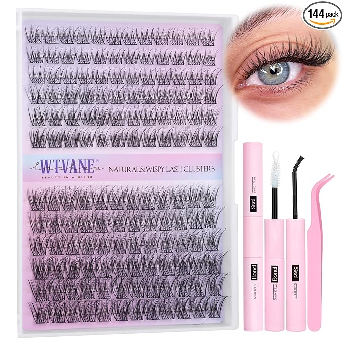 Wispy Lash Clusters Kit Natural Eyelash Clusters Extensions Kit 144pcs Individual Lashes DIY Lash Extension Kit with 10-16mm Lashes Clusters, Lash Bond and Seal,Lash Tweezers by Wtvane