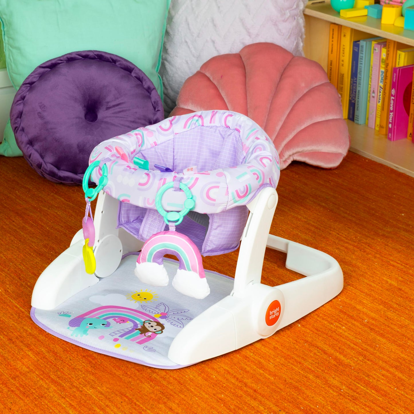Bright Starts Learn-to-Sit Baby Floor Seat, 2-Positions Grow with Infant, Portable Baby Chair, Includes Sensory Toys, Unisex, 4-12 Months, Purple Paradise