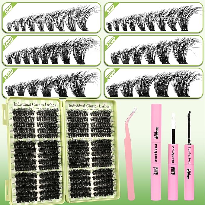 Lash Clusters 80D 100D 150D 200D C D Curl Lash Clusters Kit 430Pcs DIY Cluster Eyelash Extensions Eyelash Clusters Cat Eye Lashes Clusters Eyelash Extensions Lash Glue Lash Tweezers